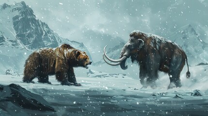 Mammoth and Bear in a Snowy Landscape