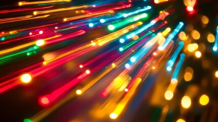 Fototapeta premium Christmas lights in red, green, yellow, and blue, glowing with vibrant holographic energy, high-tech reflections in metallic surfaces, Cyberpunk, Neon, 3D Render