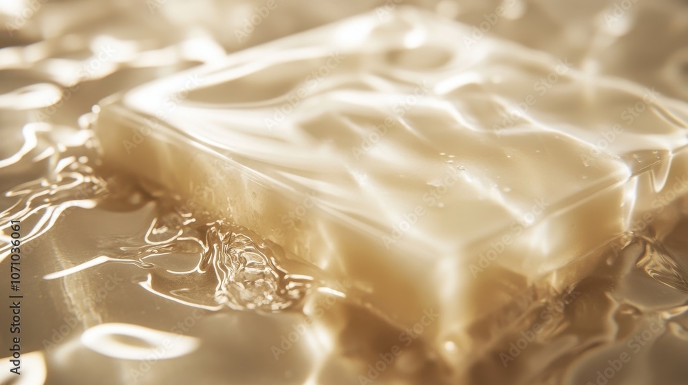 Poster a close-up of a bar of soap resting on shimmering golden liquid, highlighting its smooth texture and