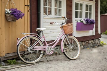 Fototapeta premium Charming Pink Bicycle With Flower Baskets Parked by a Cozy Wooden Cabin in a Picturesque Countryside