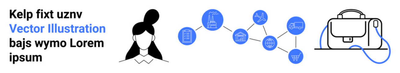 Female silhouette, digital network with blue icons, modern briefcase. Ideal for business presentations, corporate training, tech startups, digital marketing, educational platforms, app development