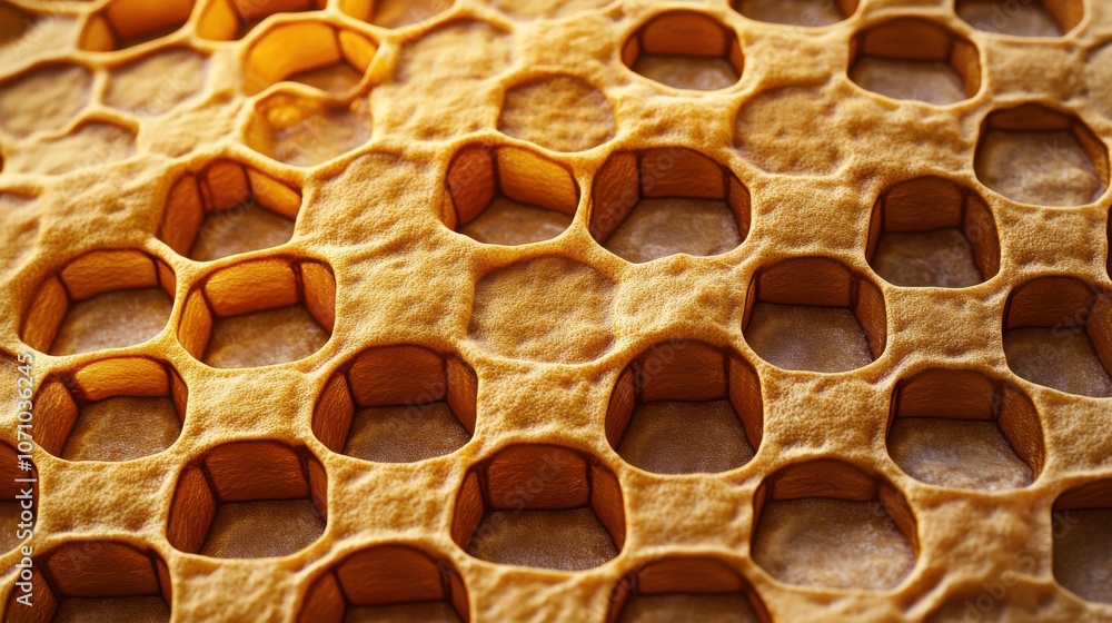 Poster close-up of golden honeycomb texture with intricate hexagonal patterns, showcasing its natural beaut