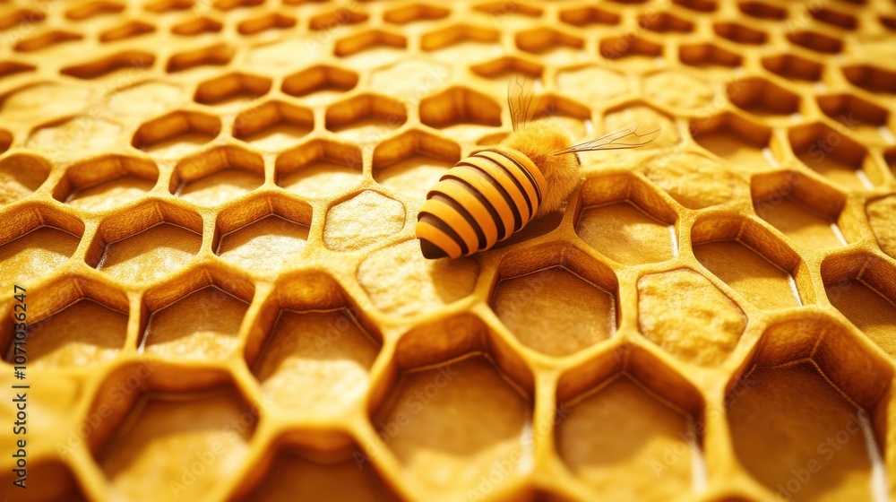 Poster a close-up of a striped bee on a honeycomb, showcasing vibrant golden hues and intricate hexagonal p
