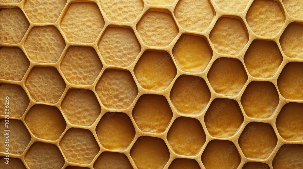 Poster close-up of a honeycomb structure showcasing hexagonal cells filled with golden honey.