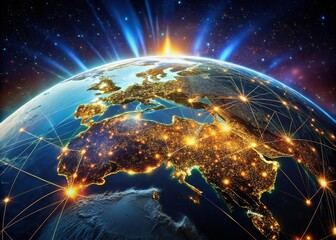 Luminous Planet Earth from Space Showcasing Flickering City Lights, Global Communication Networks, and Technological Advancements in a Modern Globalized World