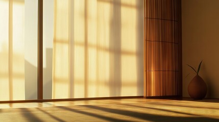   A vase with a plant sits on a wooden floor in front of sheer curtains by a window