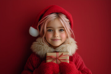 A little girl in a Santa Claus costume, holding a gift.