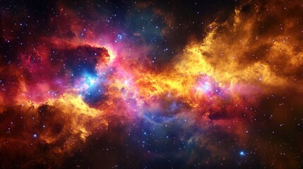 Fototapeta premium A vibrant cosmic nebula showcasing a blend of fiery oranges, deep blues, and purples, illuminated by starlight.