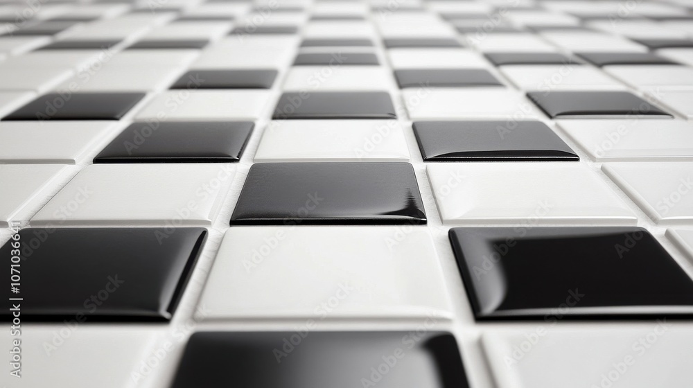Aufkleber close-up of glossy black and white tiles arranged in a checkerboard pattern, creating a modern aesth