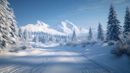 Fototapeta premium A serene winter landscape featuring snow-covered mountains and tall, frosted pine trees against a clear blue sky.