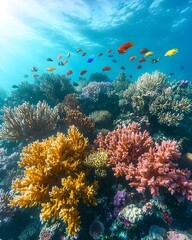 Obraz premium A vibrant underwater scene showcasing a colorful coral reef, featuring a variety of fish swimming harmoniously among the corals in bright shades of orange, pink, and blue.