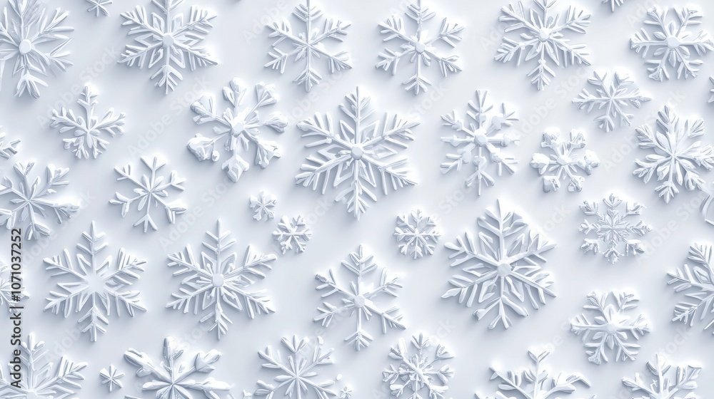 Poster a beautiful array of intricately designed white snowflakes on a soft white background, creating a wi
