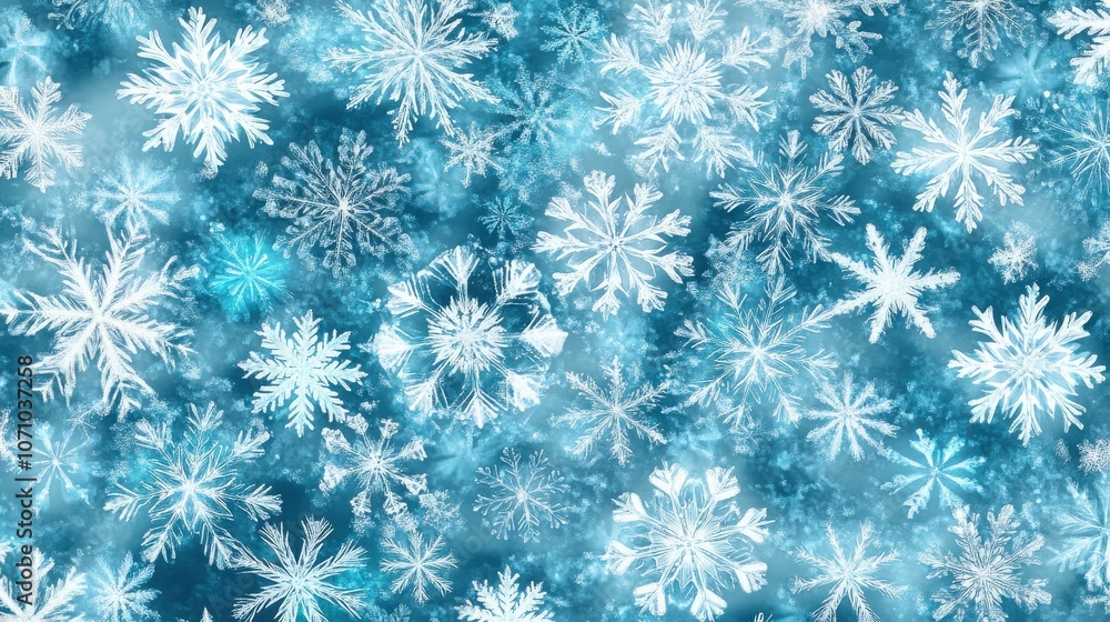 Poster a mesmerizing array of snowflakes in various designs against a blue background, creating a serene wi