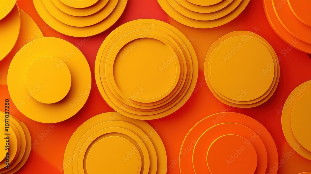 Poster vibrant yellow and orange concentric circles creating a striking visual pattern.