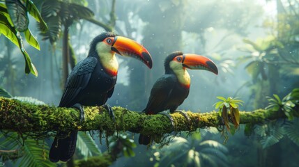Obraz premium Two Toucans Perched on Branch in Tropical Rainforest