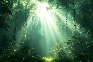 A serene and verdant jungle scene, with sunlight filtering through the dense canopy, creating a mystical atmosphere. Rich green foliage and vines adorn the surroundings.