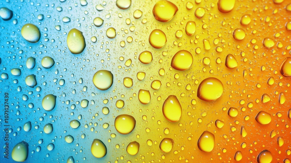 Poster a close-up of colorful droplets on a vibrant blue and orange gradient background, creating a refresh
