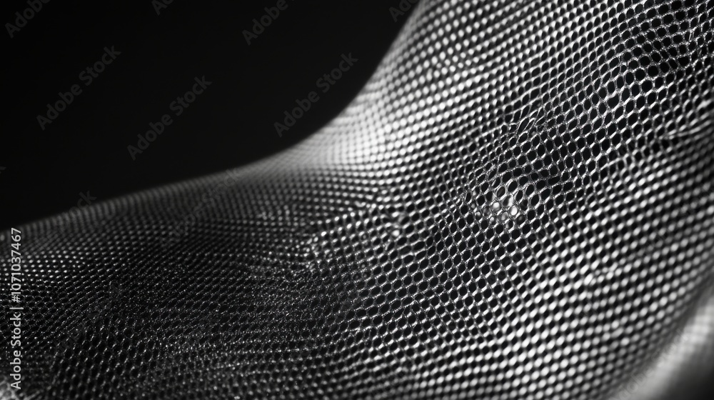 Poster close-up of a reflective metallic mesh with hexagonal patterns creating intriguing textures in black