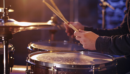 Person is playing drums with sticks. The drums are in the background. The person is wearing a blue shirt
