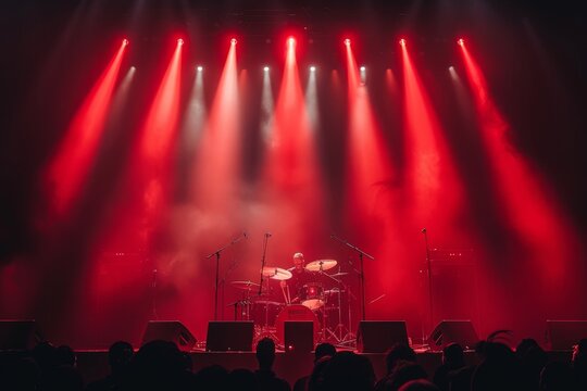 Live drum performance illuminated by vibrant red lights at a bustling concert venue in the evening