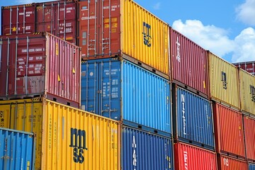 Fototapeta premium Colorful shipping containers stacked in a busy port under a clear blue sky during daylight hours