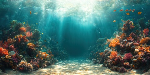 Fototapeta premium Underwater View of Colorful Coral Reef with Sunbeams