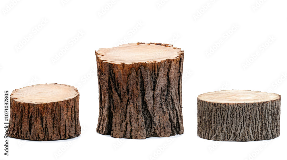 Poster isolated collection of hardwood tree stumps in various sizes generative ai