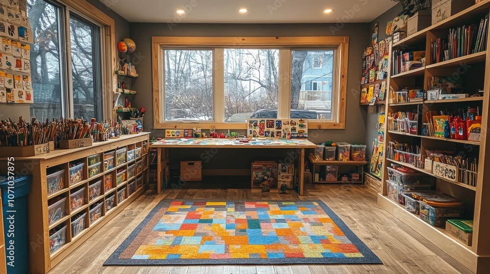 Poster This inviting room features ample storage for art supplies and a bright workspace with a large table. Natural light floods in through big windows, creating a warm atmosphere.