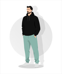 Vector illustration. The man in the green hoodie and black pants looks unfazed and comfortable. The dress is suitable for walking or everyday wear.