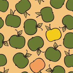 Seamless pattern with apple on color background. Natural delicious fresh ripe tasty fruit. Vector illustration for print, fabric, textile, banner, design. Stylized apples with leaves. Food concept