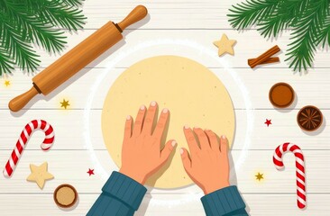 Obraz premium Cooking Christmas baking at home. Hands making cookies from rolled out dough on a white wooden table, festive decorative elements. Top view