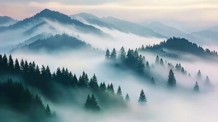 Obraz premium A mountain landscape shrouded in fog, featuring pine trees in the foreground and a hazy sky in the background