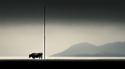   B&W photo of cow in field with pole & mountain range in bg