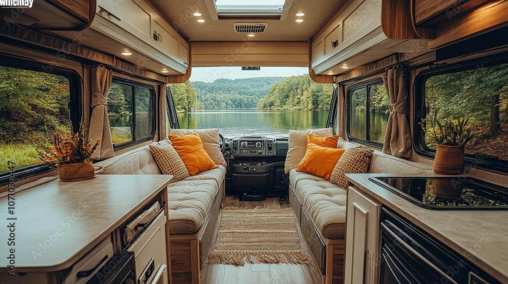 Poster the interior of a camper van offers a warm and inviting atmosphere with plush seating and decorative