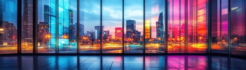 Vibrant Urban Cityscape Through Colorful Glass Windows at Dusk with Blurred Motion of City Lights and Skyscrapers in the Background