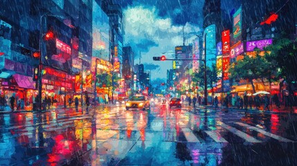 A bustling city street at night with neon signs, rain, and reflections in the wet pavement.