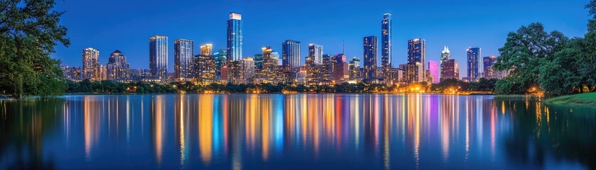 Obraz premium Stunning Panoramic View of a Vibrant City Skyline Reflecting on Calm Waters at Dusk