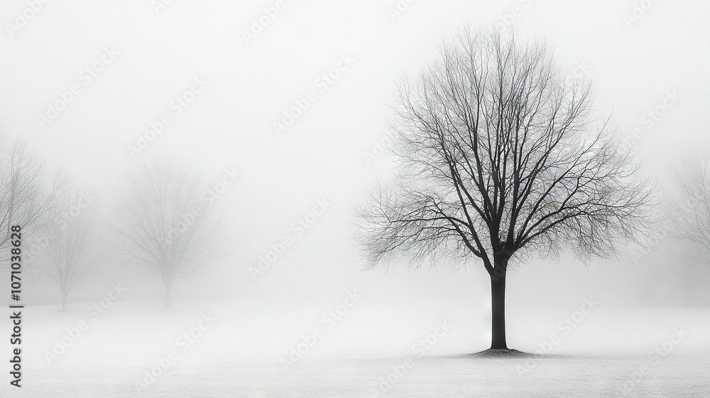 Poster a monochrome image of a tree in a hazy landscape featuring trees in the foreground, a bench in the m