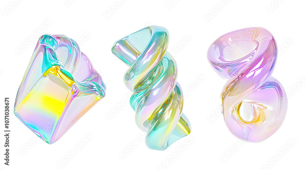 Poster iridescent glass shapes twisted on clear background generative ai