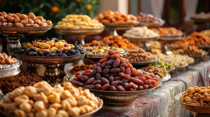 Fototapeta premium Vibrant display of assorted dried fruits and nuts on elaborate trays