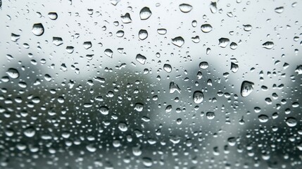 Raindrops on a glass window create a soothing, soft-focus view of nature beyond, evoking a calm, rainy day mood.