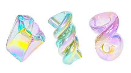 Iridescent Glass Shapes Twisted on Clear Background Generative AI