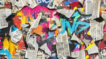 Fototapeta premium A vibrant collage of torn newspaper clippings and colorful graffiti, showcasing urban art and creativity.