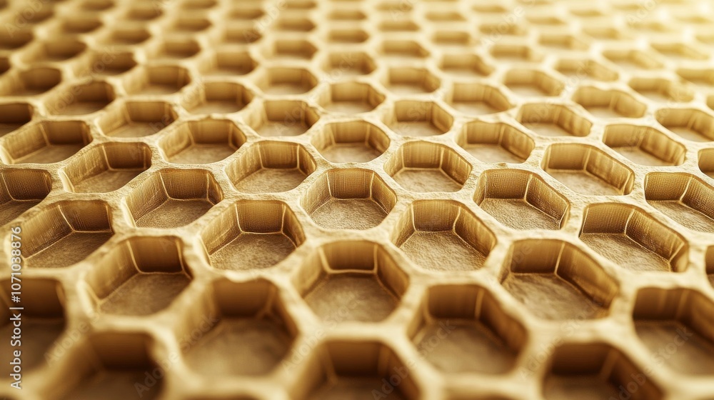 Poster close-up of a honeycomb structure with a warm, golden hue, showcasing intricate geometric patterns a