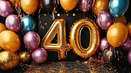 Colorful 40th Birthday Celebration with Balloons and Glittering Decorations in Festive Atmosphere