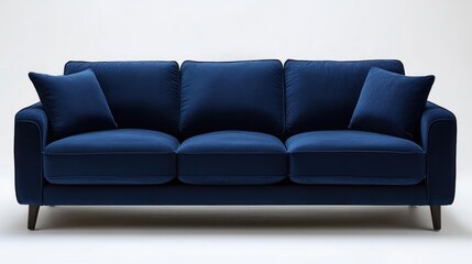 Fototapeta premium Elegant Modern Blue Velvet Sofa with Cushions on Minimalist Background for Interior Design Inspiration