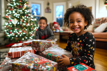 Children unwrapping presents by the Christmas tree, happy faces, festive decor