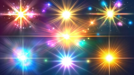 A vibrant array of colorful lens flares and light bursts, creating a magical and festive atmosphere.