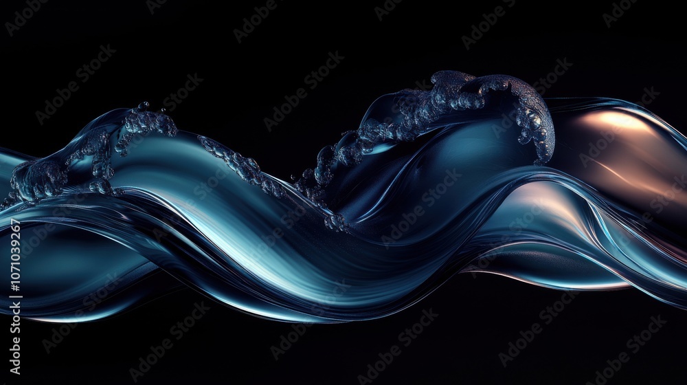 Poster abstract blue liquid wave with bubbles, creating a dynamic and fluid motion against a dark backdrop.