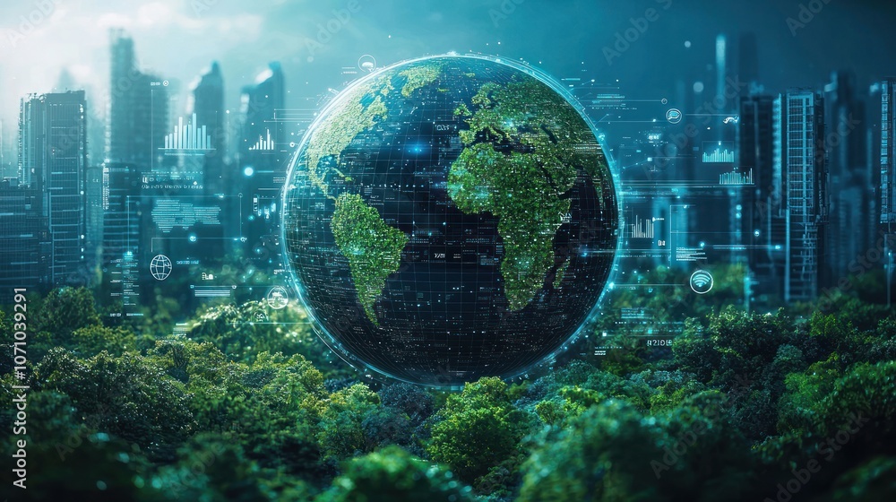 Poster holographic earth globe over a city with green trees and data